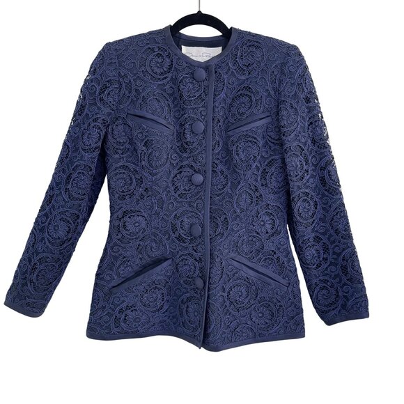 Vintage Oscar de la Renta Womens Navy Blue Floral Embroidered Button Blazer S - Picture 1 of 6